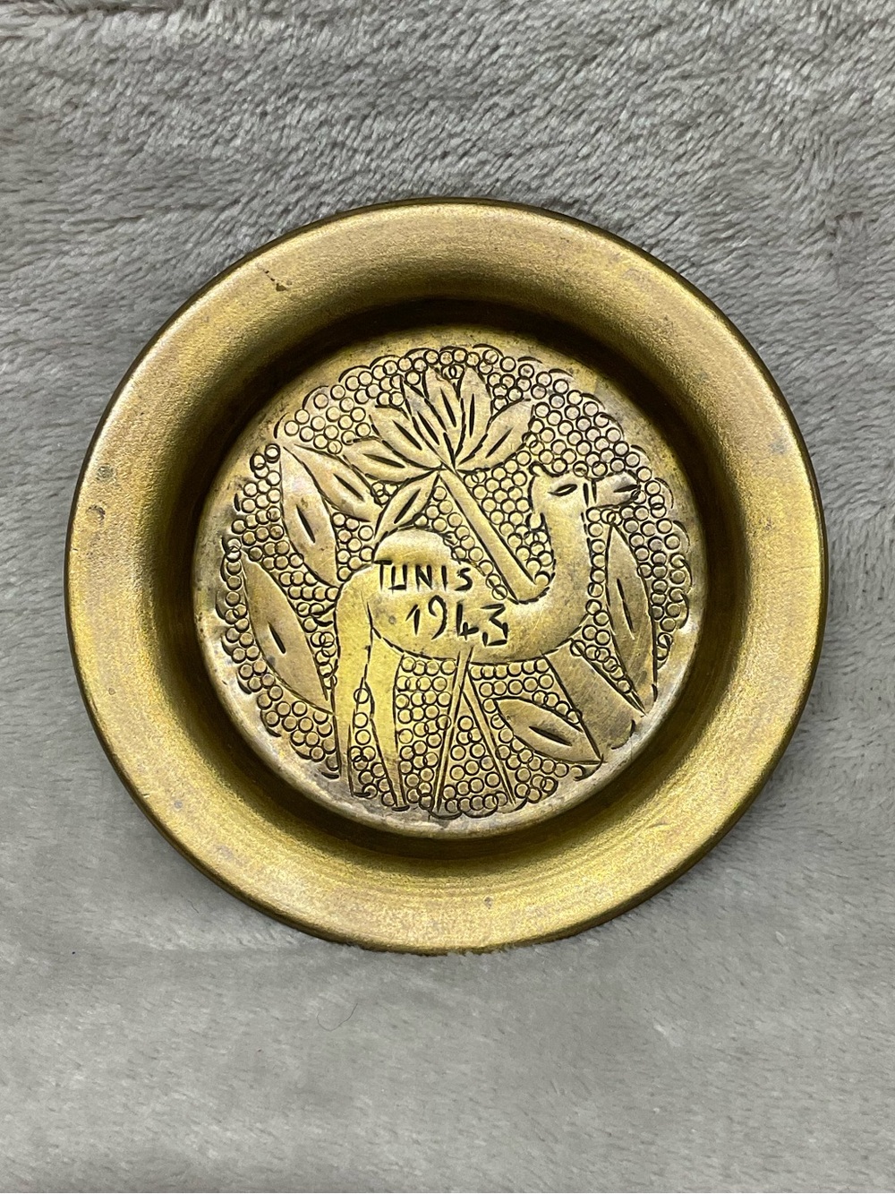 Vtg Tunisian 1943 Brass Decorative Plate or Trench Art WW ll